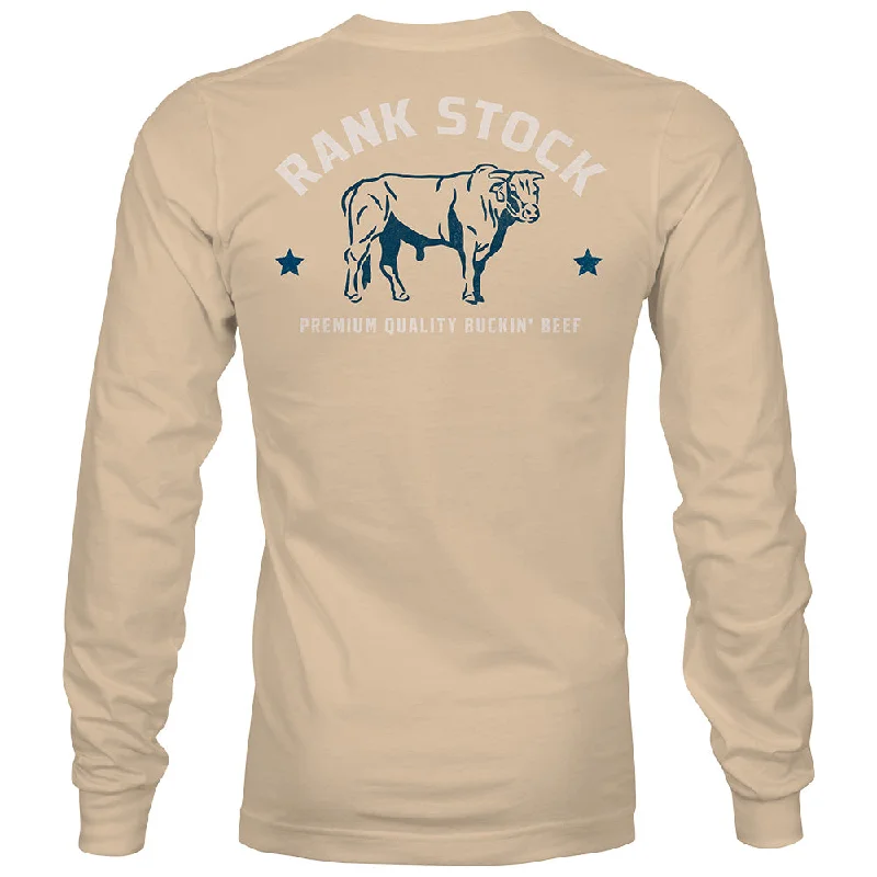Men's button - front t - shirts with a unique artistic print"Charbray" Long Sleeve T-shirt Tan w/Navy & White Logo Men's button - front t - shirts with a unique artistic print"Charbray" Long Sleeve T-shirt Tan w/Navy & White Logo