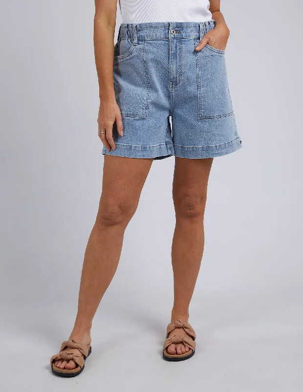 Men's flat - front chino shorts for semi - formal summer eventsElm Atlas Denim Short Mid Blue Wash Men's flat - front chino shorts for semi - formal summer eventsElm Atlas Denim Short Mid Blue Wash
