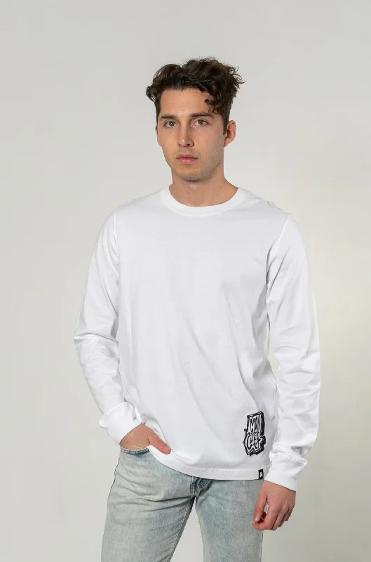 Men's distressed denim - look t - shirts with a rugged appealHero - White / Gold Long Sleeve T-Shirt Men's distressed denim - look t - shirts with a rugged appealHero - White / Gold Long Sleeve T-Shirt