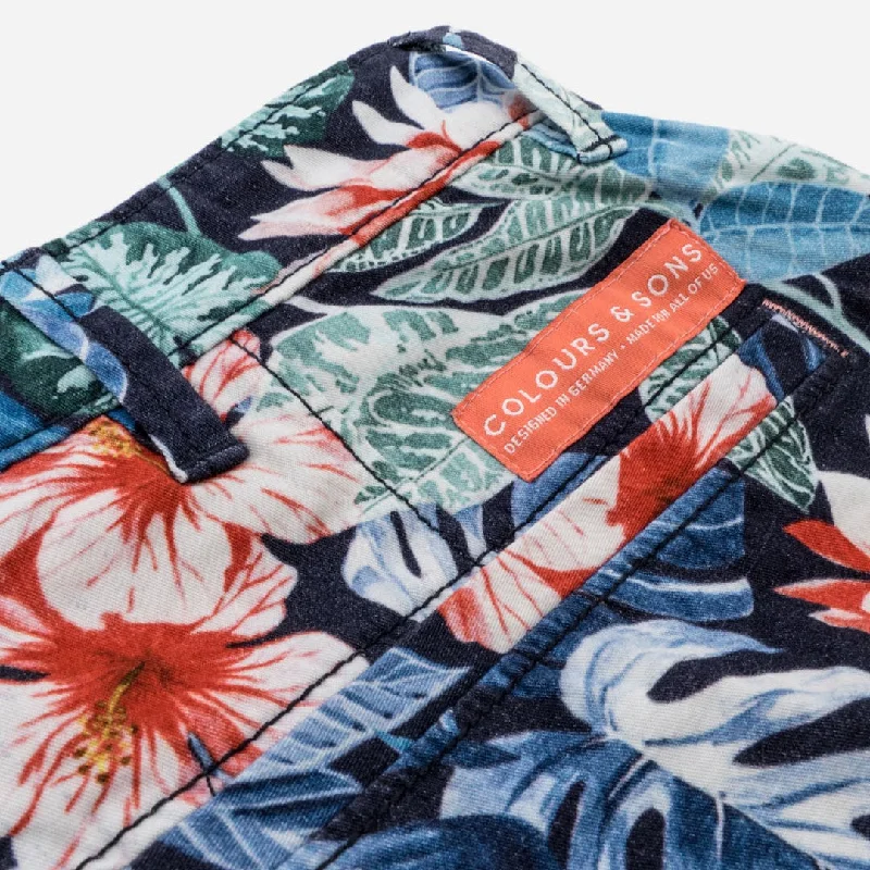 Men's elastic waistband lounge shorts for lazy weekends at homeStretch Cotton Twill Shorts - Colourful Flowers Men's elastic waistband lounge shorts for lazy weekends at homeStretch Cotton Twill Shorts - Colourful Flowers