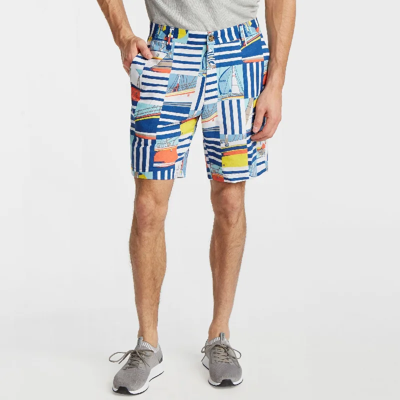 Men's flat - front chino shorts for semi - formal summer eventsNautica 8.5" Striped Sailboat Print Linen Short Men's flat - front chino shorts for semi - formal summer eventsNautica 8.5" Striped Sailboat Print Linen Short