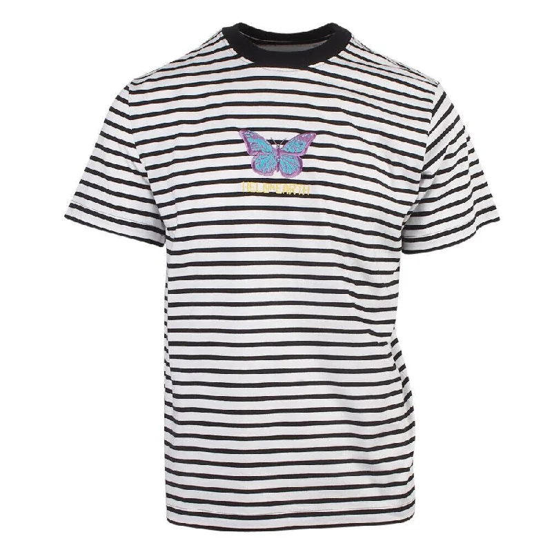 Men's eco - friendly recycled t - shirts for sustainable fashion choicesOBEY Men's Black White Striped Hell On Earth Butterfly S/S T-Shirt Men's eco - friendly recycled t - shirts for sustainable fashion choicesOBEY Men's Black White Striped Hell On Earth Butterfly S/S T-Shirt