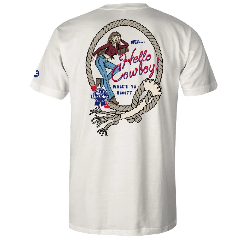 Men's distressed denim - look t - shirts with a rugged appeal"Pabst Blue Ribbon" Cream w/"Hello Cowboy" T-shirt Men's distressed denim - look t - shirts with a rugged appeal"Pabst Blue Ribbon" Cream w/"Hello Cowboy" T-shirt