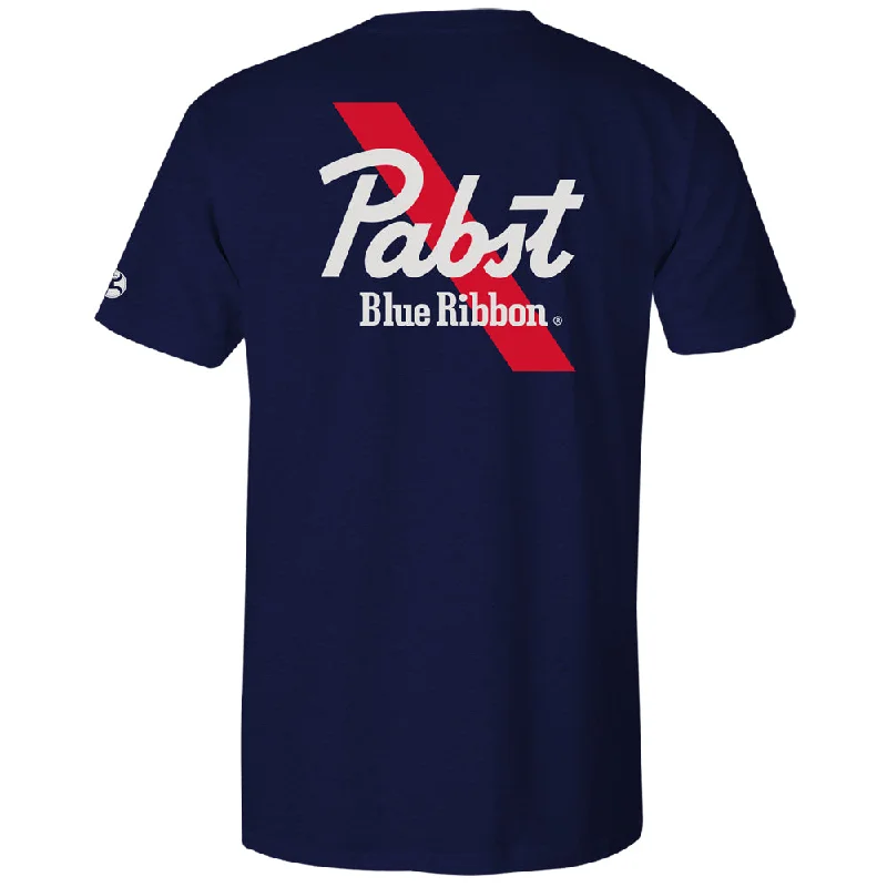 Men's mock - neck t - shirts with a modern and sleek style"Pabst Blue Ribbon" Navy Heather w/ Red & White T-shirt Men's mock - neck t - shirts with a modern and sleek style"Pabst Blue Ribbon" Navy Heather w/ Red & White T-shirt