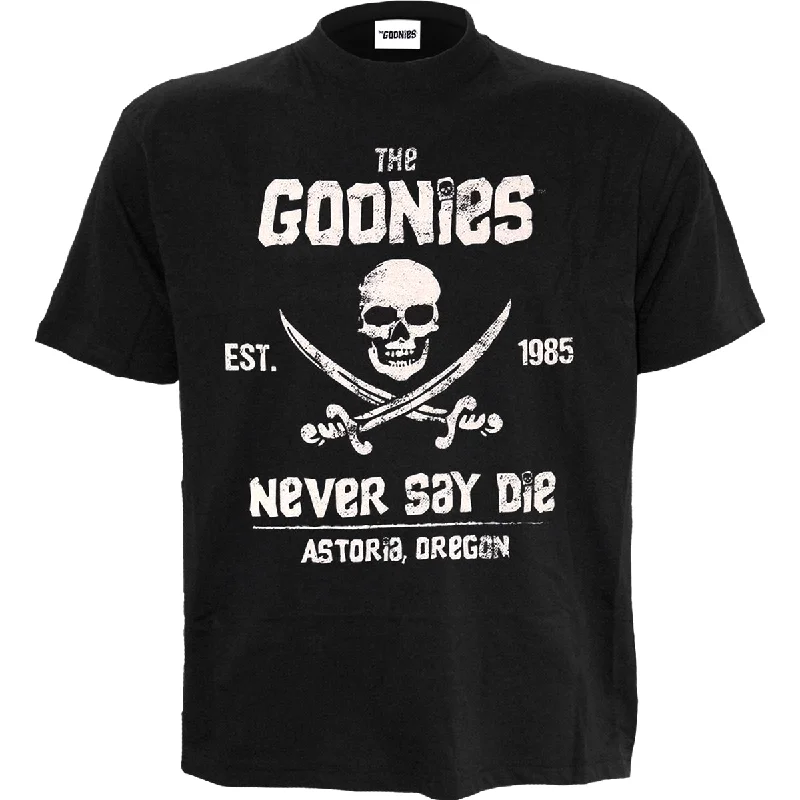 Men's long - sleeve henley t - shirts with button - down placketsTHE GOONIES - NEVER SAY DIE - Front Print T-Shirt Black Men's long - sleeve henley t - shirts with button - down placketsTHE GOONIES - NEVER SAY DIE - Front Print T-Shirt Black
